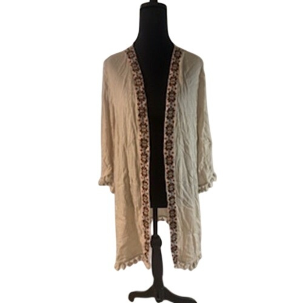 Easel Los Angeles Beige Embroidered Pom Pom Trim Kimono Cardigan Small Boho